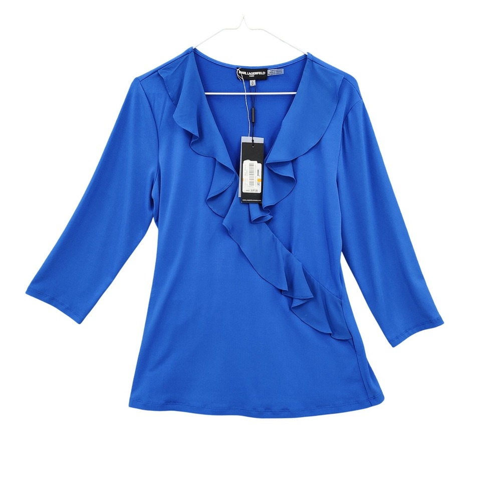 Karl Lagerfeld Womens Chic Office Ruffle Faux Wrap Blouse S Blue 3/4 Sleeve NEW